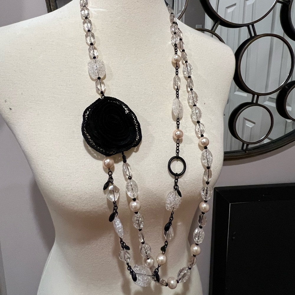 Beaded Necklace/chain with Black flower